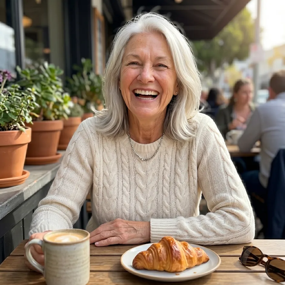 Woman enjoying a relaxed morning coffee, illustrating a GlucoBliss customer report