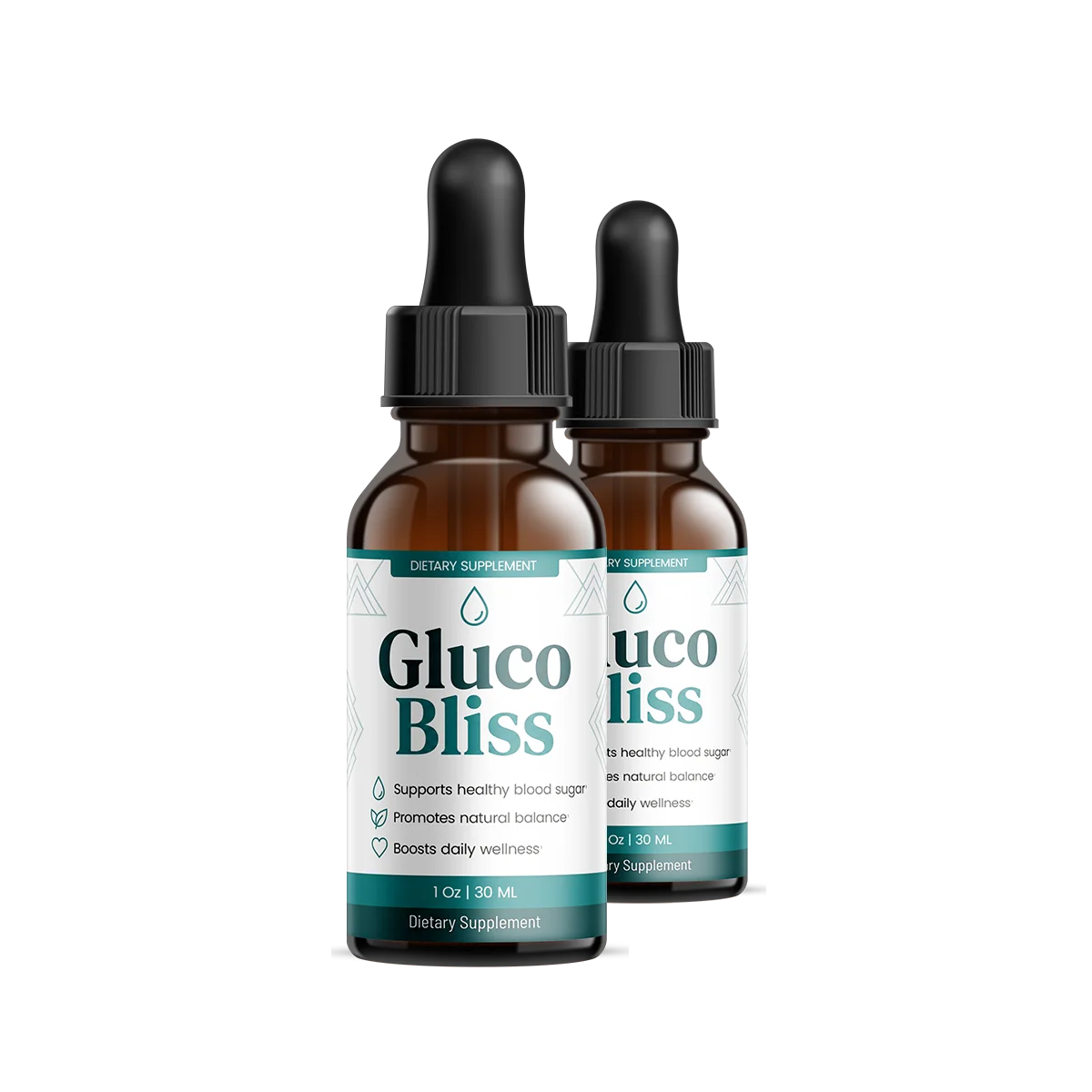 GlucoBliss blood sugar support drops, two 1 fl oz amber dropper bottles