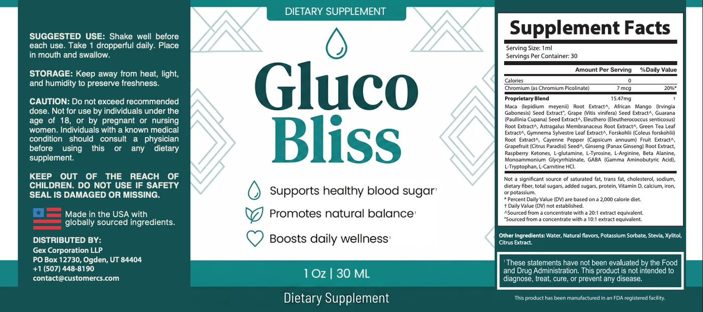 The GlucoBliss bottle label and Supplement Facts panel showing chromium 7 mcg and a 15.47 mg proprietary blend