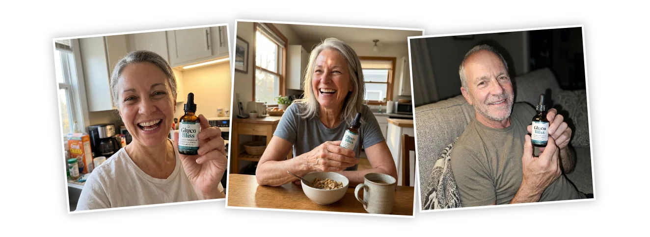 Collage of GlucoBliss customers holding their blood sugar support drops at home