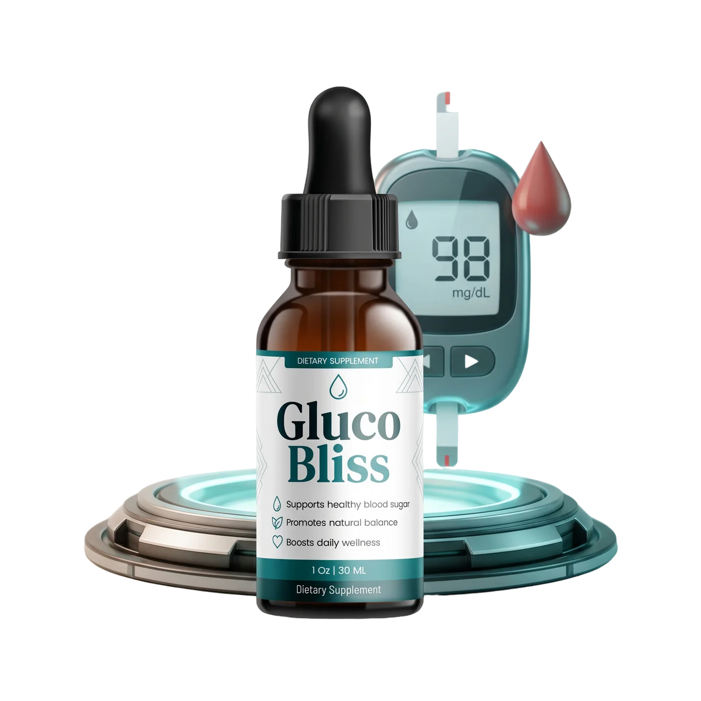 GlucoBliss blood sugar support dropper bottle beside a glucose meter on a soft-lit surface