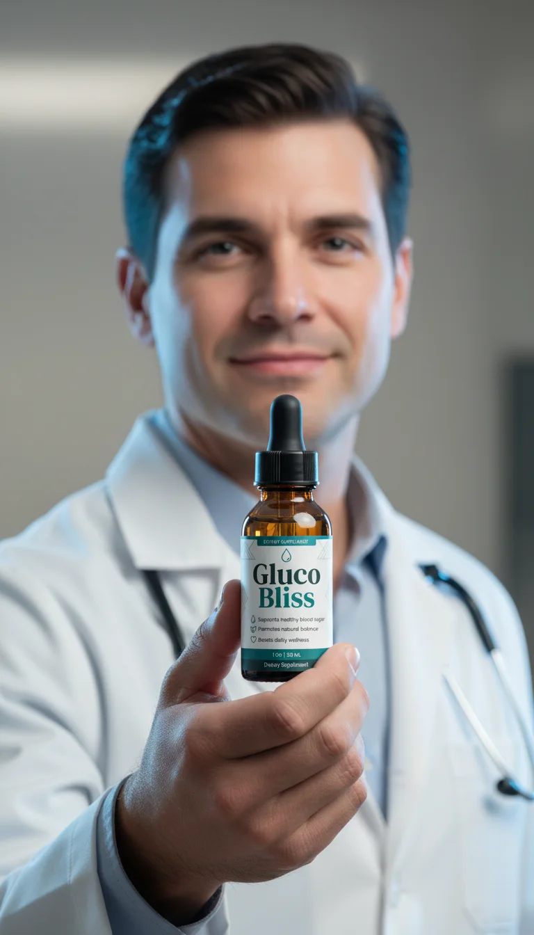 GlucoBliss blood sugar support drops held up in a clean clinical-style product photograph